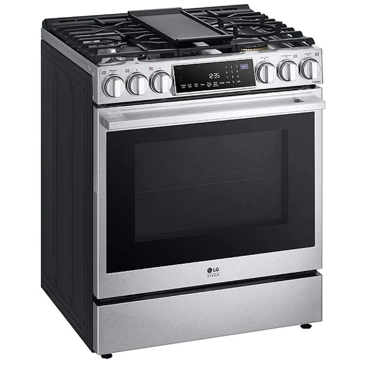 LG Studio LSGS6338F Range, 30"  Gas Range, Self Clean, Convection, 4 Burners, 6.3 cu. ft. Air Fry, 1 Ovens, Wifi Enabled, 22k BTU Telescopic Gliding Extension Rack, Insta View, Air Sous Vide, True European