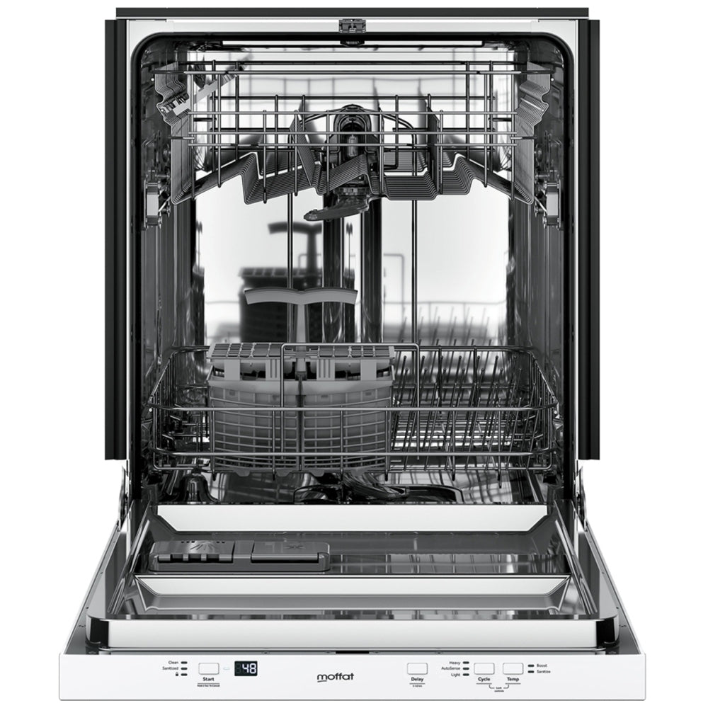 Moffat MBT425SGVWW Dishwasher, 24 inch Exterior Width, 51 dB Decibel Level, Fully Integrated, Stainless Interior, 3 Wash Cycles, 12 Capacity (Place Settings), Hard Food Disposal, 2 Loading Racks, White colour