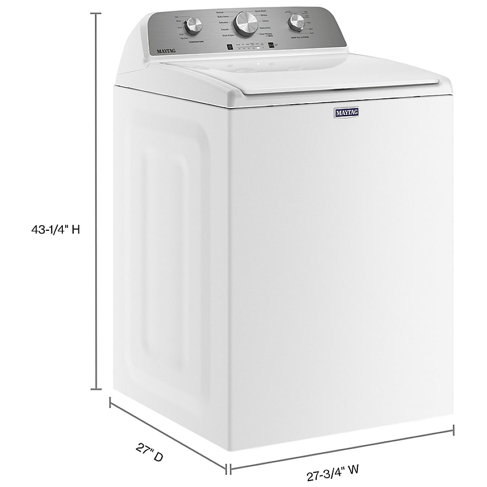 Maytag MVW4505MW Top Load Washer, 28 inch Width, 5.2 cu. ft. Washer Capacity, 770 RPM Washer Spin Speed, 11 Wash Cycles, 5 Temperature Settings, White colour Contains Agitator