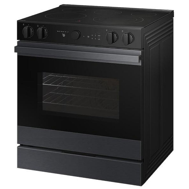 Samsung Bespoke NSE6DG8500MTAC Electric Range, 6.3 cu. ft. Capacity, 30 inch Exterior Width, True Convection, 5 Burners, Storage Drawer, Yes, Self Clean, 3,600 W Highest Element, Black Matte Steel colour True European Convection, Air Sous Vide, Smart Dial