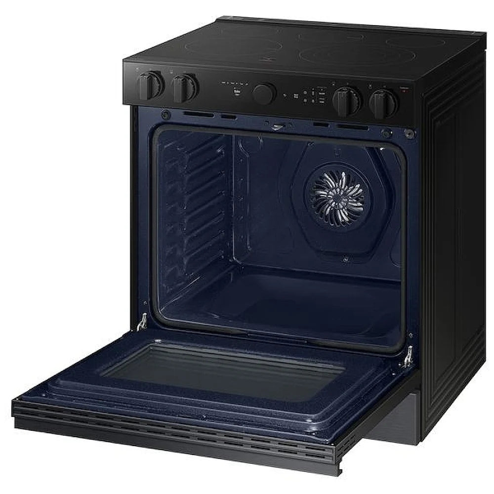 Samsung Bespoke NSE6DG8500MTAC Electric Range, 6.3 cu. ft. Capacity, 30 inch Exterior Width, True Convection, 5 Burners, Storage Drawer, Yes, Self Clean, 3,600 W Highest Element, Black Matte Steel colour True European Convection, Air Sous Vide, Smart Dial