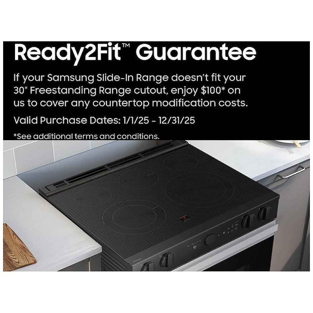 Samsung Bespoke NSE6DG8500MTAC Electric Range, 6.3 cu. ft. Capacity, 30 inch Exterior Width, True Convection, 5 Burners, Storage Drawer, Yes, Self Clean, 3,600 W Highest Element, Black Matte Steel colour True European Convection, Air Sous Vide, Smart Dial