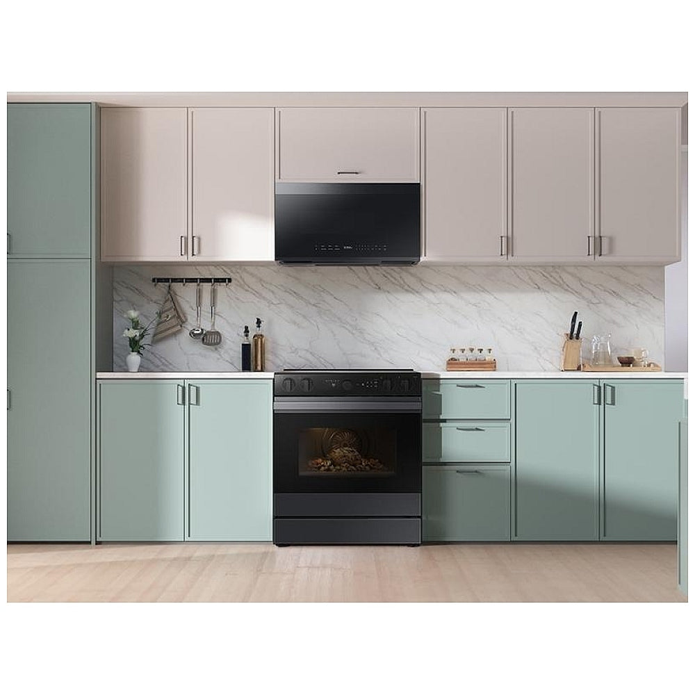 Samsung Bespoke NSE6DG8500MTAC Electric Range, 6.3 cu. ft. Capacity, 30 inch Exterior Width, True Convection, 5 Burners, Storage Drawer, Yes, Self Clean, 3,600 W Highest Element, Black Matte Steel colour True European Convection, Air Sous Vide, Smart Dial