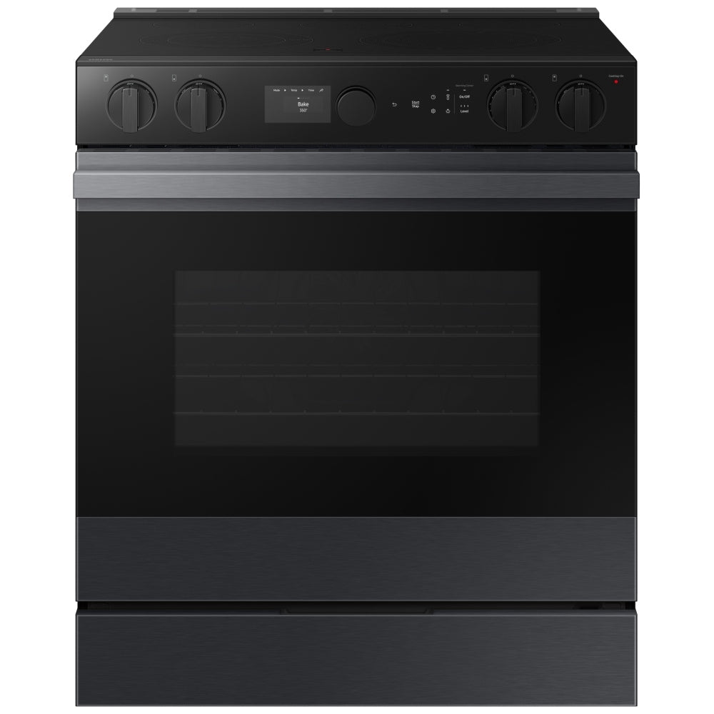 Samsung Bespoke NSE6DG8500MTAC Electric Range, 6.3 cu. ft. Capacity, 30 inch Exterior Width, True Convection, 5 Burners, Storage Drawer, Yes, Self Clean, 3,600 W Highest Element, Black Matte Steel colour True European Convection, Air Sous Vide, Smart Dial