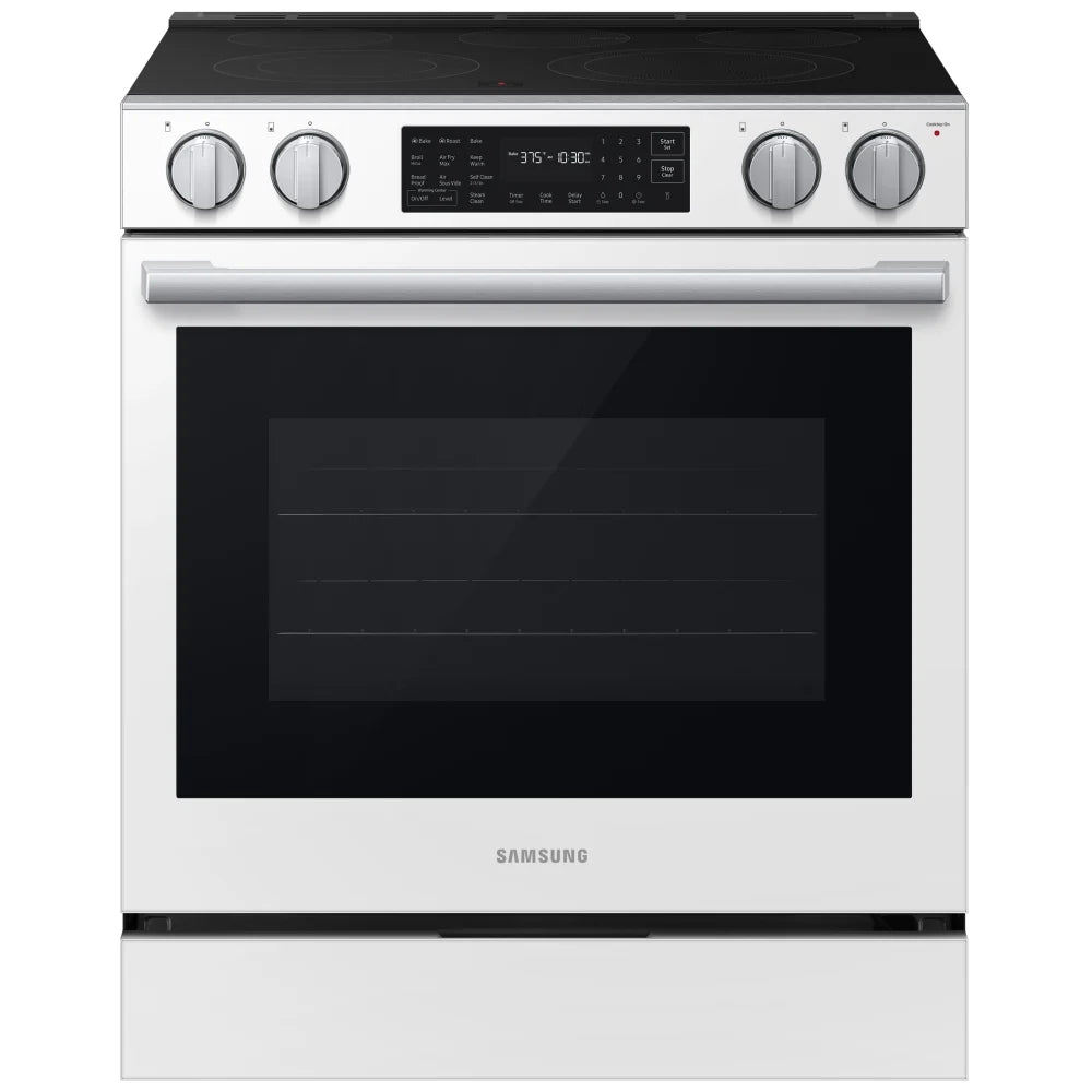 Samsung Bespoke NSE80H63SWAC Electric Range, 6.3 cu. ft. Capacity, 30 inch Exterior Width, True Convection, 5 Burners, Storage Drawer, & , Steam & Self Clean, 3,000 W Highest Element, White Glass colour, SmartThings™ Air Fry
