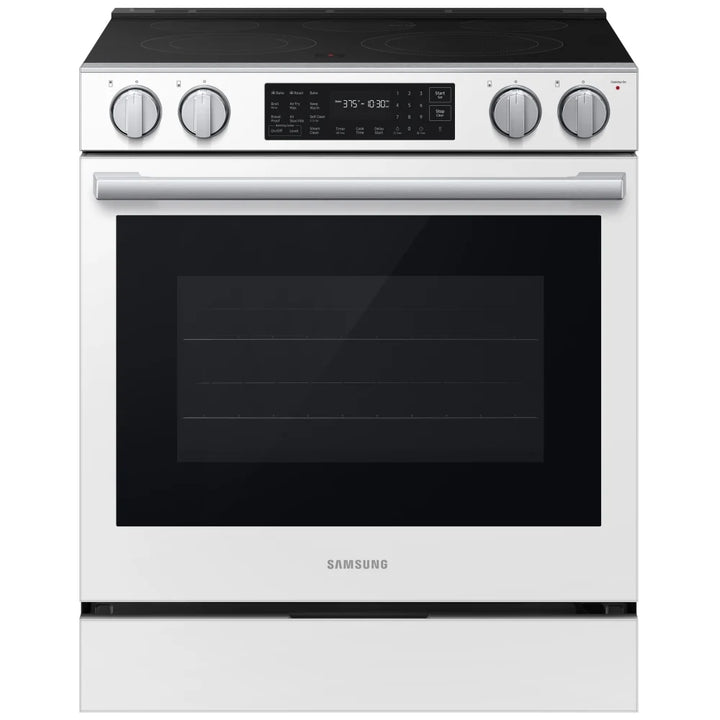 Samsung Bespoke NSE80H63SWAC Electric Range, 6.3 cu. ft. Capacity, 30 inch Exterior Width, True Convection, 5 Burners, Storage Drawer, & , Steam & Self Clean, 3,000 W Highest Element, White Glass colour, SmartThings™ Air Fry