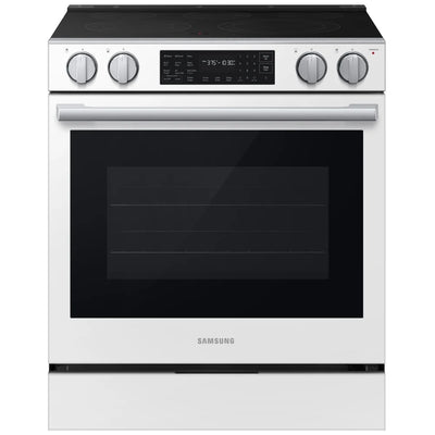 Samsung Bespoke NSE80H63SWAC Electric Range, 6.3 cu. ft. Capacity, 30 inch Exterior Width, True Convection, 5 Burners, Storage Drawer, & , Steam & Self Clean, 3,000 W Highest Element, White Glass colour, SmartThings™ Air Fry