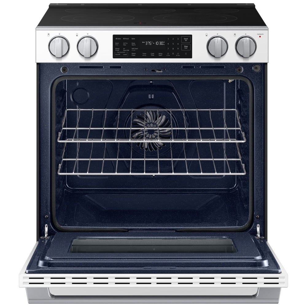 Samsung Bespoke NSE80H63SWAC Electric Range, 6.3 cu. ft. Capacity, 30 inch Exterior Width, True Convection, 5 Burners, Storage Drawer, & , Steam & Self Clean, 3,000 W Highest Element, White Glass colour, SmartThings™ Air Fry