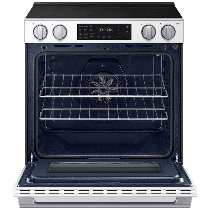 Samsung Bespoke NSE80H63SWAC Electric Range, 6.3 cu. ft. Capacity, 30 inch Exterior Width, True Convection, 5 Burners, Storage Drawer, & , Steam & Self Clean, 3,000 W Highest Element, White Glass colour, SmartThings™ Air Fry