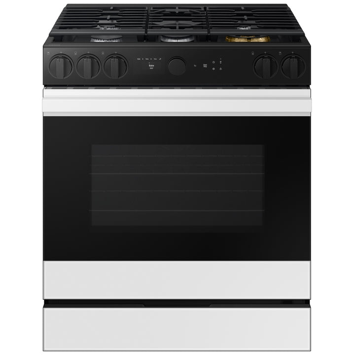 Samsung Bespoke NSG6DB870012AA Gas Range, 6 cu. ft. Capacity, 30 inch Exterior Width, Self Clean, True Convection, 5 Burners, Storage Drawer, Yes, 23,000 BTU Highest Burner, White Glass: colour Smart Oven Camera, Air Sous Vide, Griddle, Wok Ring