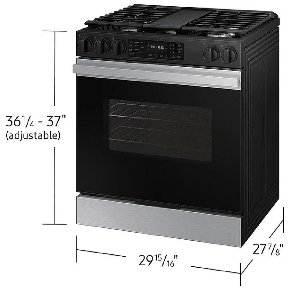 Samsung Bespoke NSG6DG8300SRAA Gas Range, 6 cu. ft. Capacity, 30 inch Exterior Width, Self Clean, Convection, 5 Burners, Storage Drawer, Air Fry, 17,000 BTU Highest Burner, Stainless Steel colour Griddle Category: Gas Ranges