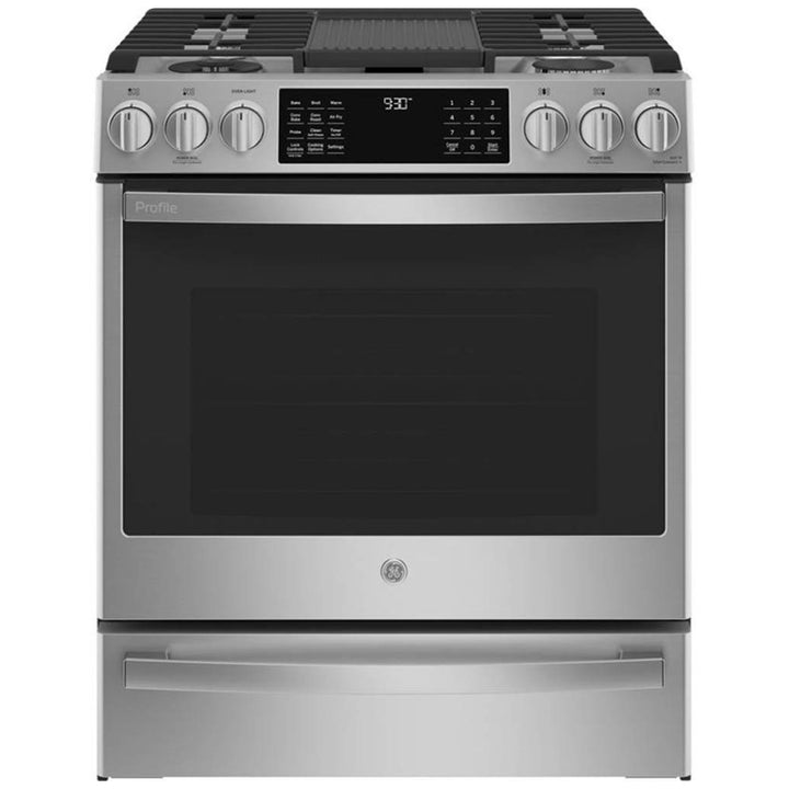 GE Profile PC2S930YPFS Dual Fuel Range, 5.6 cu. ft. Capacity, 30 inch Exterior Width, True Convection, 5 Burners, Storage Drawer, Yes, Self Clean, Stainless Steel colour True European Convection, Self Clean Racks,Griddle, Temperature Probe