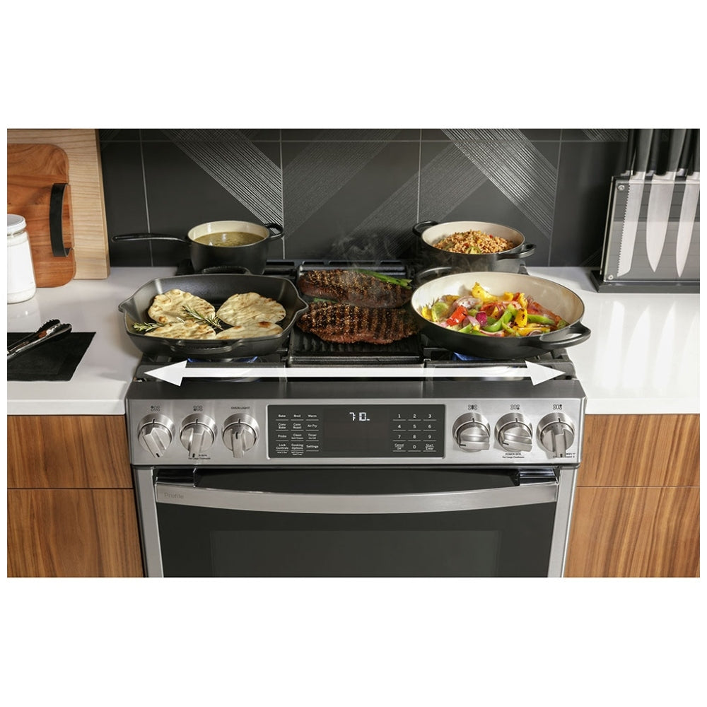 GE Profile PC2S930YPFS Dual Fuel Range, 5.6 cu. ft. Capacity, 30 inch Exterior Width, True Convection, 5 Burners, Storage Drawer, Yes, Self Clean, Stainless Steel colour True European Convection, Self Clean Racks,Griddle, Temperature Probe