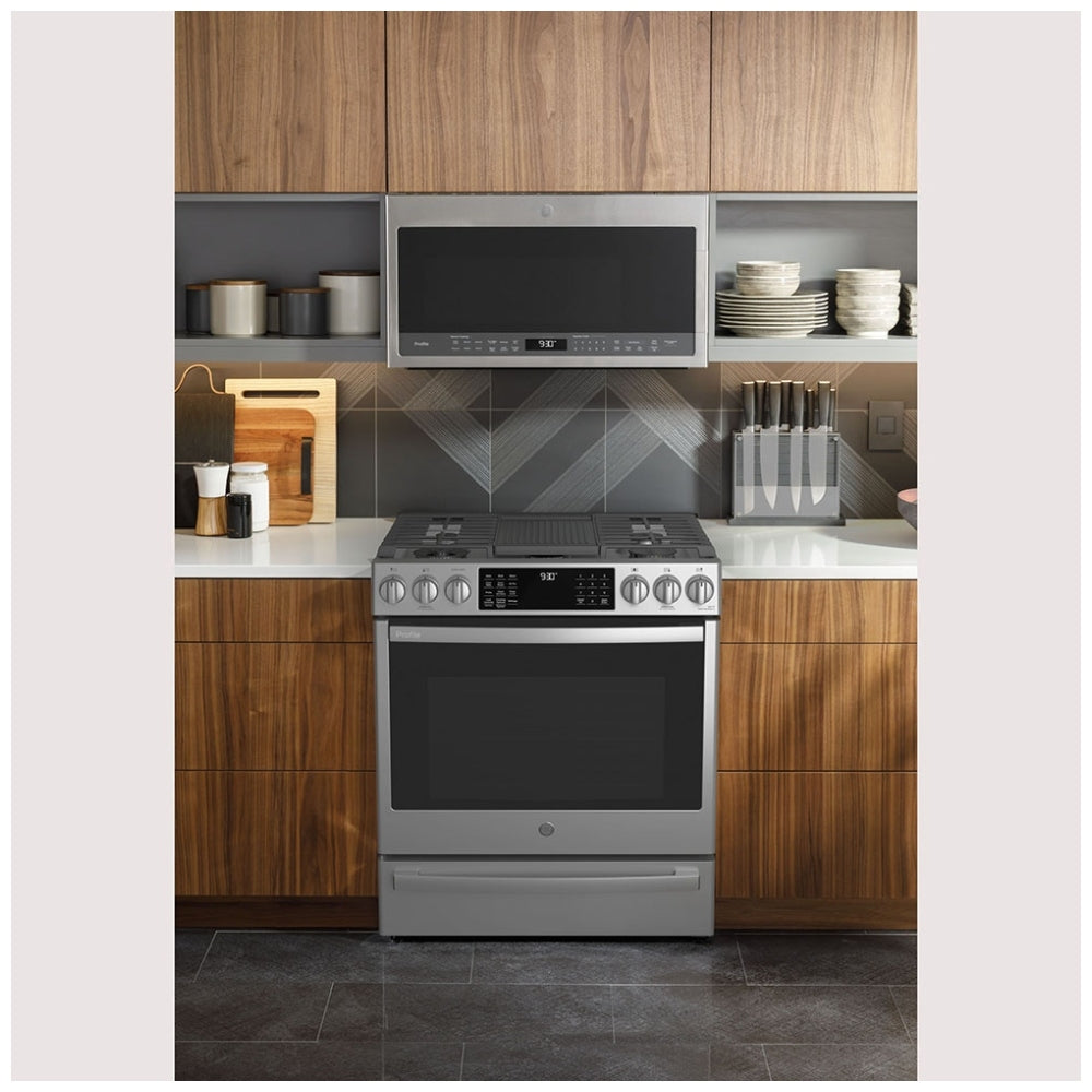 GE Profile PC2S930YPFS Dual Fuel Range, 5.6 cu. ft. Capacity, 30 inch Exterior Width, True Convection, 5 Burners, Storage Drawer, Yes, Self Clean, Stainless Steel colour True European Convection, Self Clean Racks,Griddle, Temperature Probe