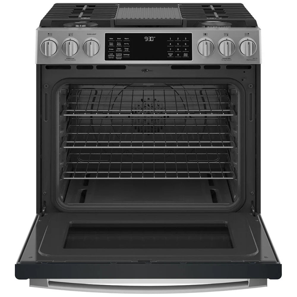 GE Profile PCGS930YPFS Gas Range, 5.6 cu. ft. Capacity, 30 inch Exterior Width, Self Clean, True Convection, 5 Burners, Storage Drawer, Air Fry, 21,000 BTU Highest Burner, Stainless Steel colour True European Convection, Self Clean Racks
