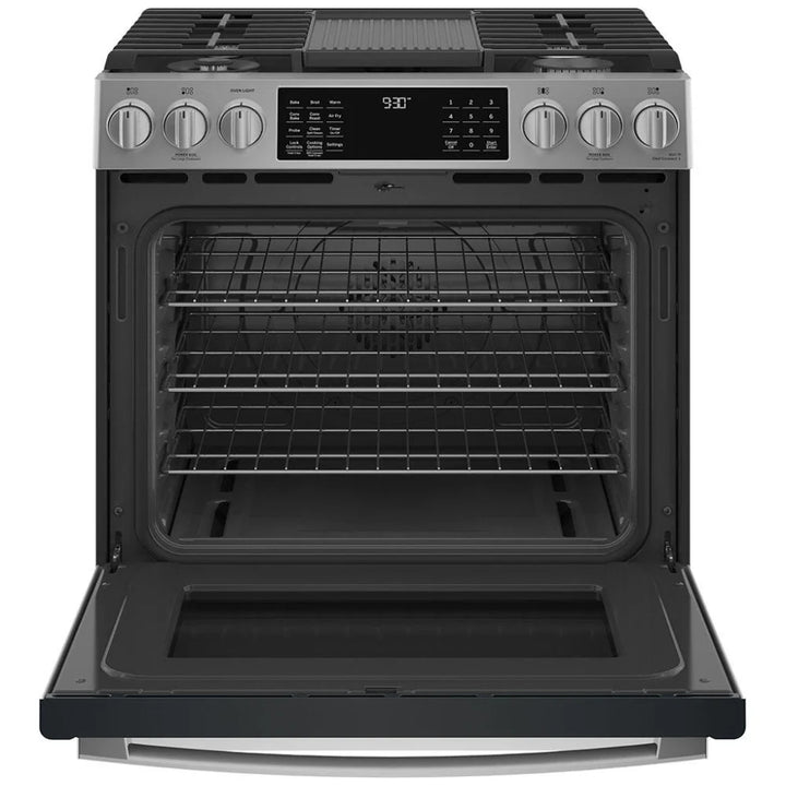 GE Profile PCGS930YPFS Gas Range, 5.6 cu. ft. Capacity, 30 inch Exterior Width, Self Clean, True Convection, 5 Burners, Storage Drawer, Air Fry, 21,000 BTU Highest Burner, Stainless Steel colour True European Convection, Self Clean Racks