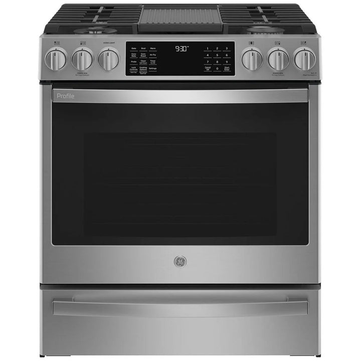 GE Profile PCGS930YPFS Gas Range, 5.6 cu. ft. Capacity, 30 inch Exterior Width, Self Clean, True Convection, 5 Burners, Storage Drawer, Air Fry, 21,000 BTU Highest Burner, Stainless Steel colour True European Convection, Self Clean Racks