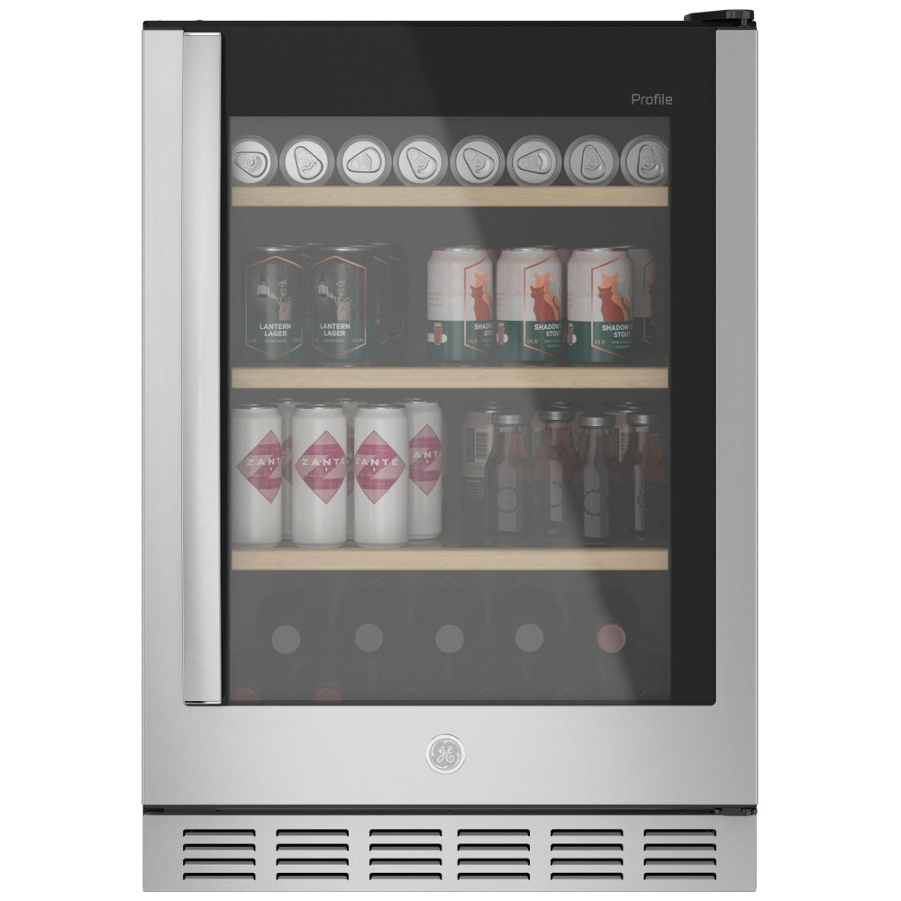 GE Profile PVS06BSPSS Beverage Center, 24 inch Width, Custom Panel Ready, Stainless Steel color Spill proof Glass Shelves, Beechwood Front Wine Racks