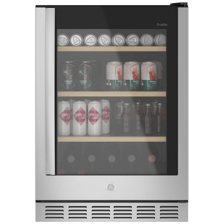 GE Profile PVS06BSPSS Beverage Center, 24 inch Width, Custom Panel Ready, Stainless Steel color Spill proof Glass Shelves, Beechwood Front Wine Racks