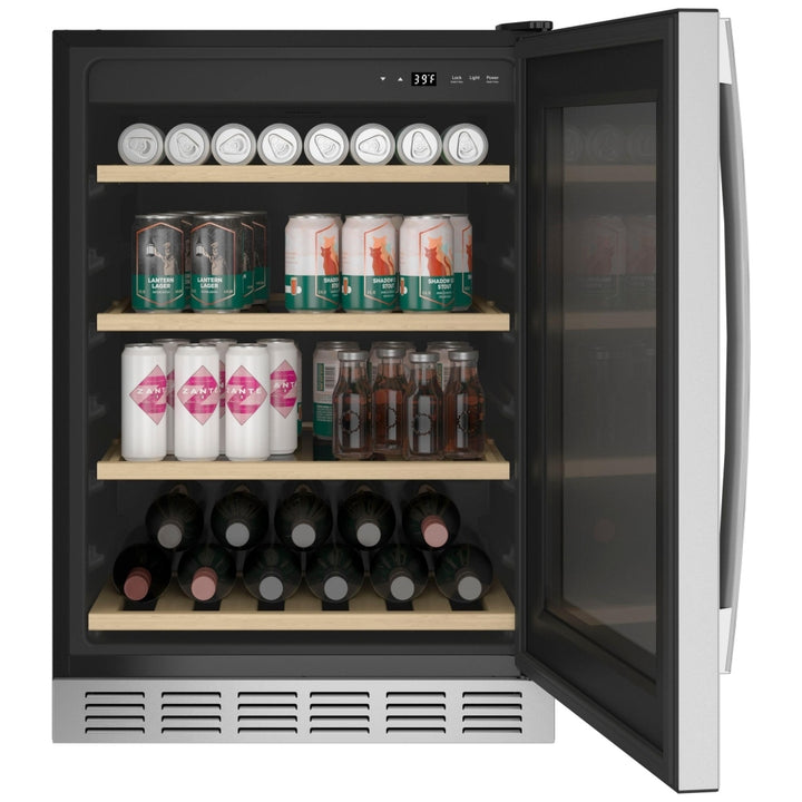 GE Profile PVS06BSPSS Beverage Center, 24 inch Width, Custom Panel Ready, Stainless Steel color Spill proof Glass Shelves, Beechwood Front Wine Racks