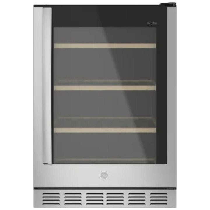 GE Profile PVS06BSPSS Beverage Center, 24 inch Width, Custom Panel Ready, Stainless Steel color Spill proof Glass Shelves, Beechwood Front Wine Racks