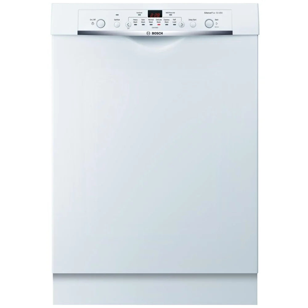 Bosch 100 Series SHE3AR72UC Dishwasher, 24 inch Exterior Width, 50 dB Decibel Level, Full Console, Plastic Interior, 6 Wash Cycles, 14 Capacity (Place Settings), 2 Loading Racks, White colour Category: Dishwashers