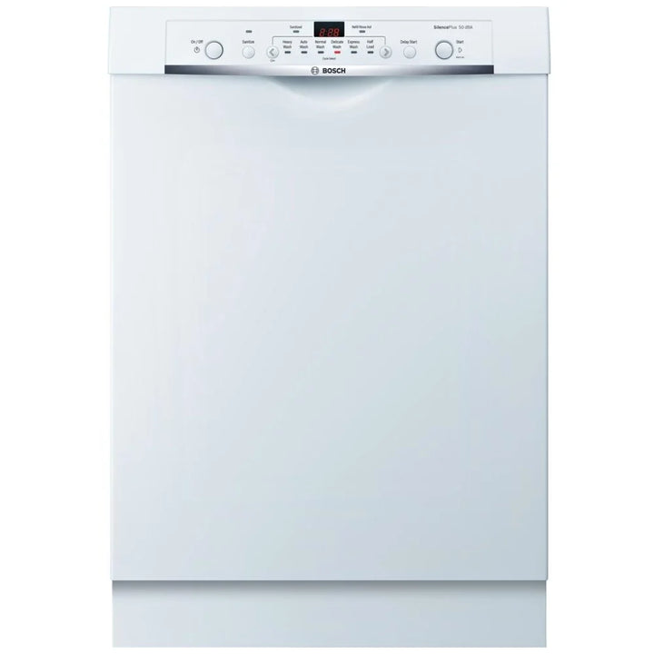 Bosch 100 Series SHE3AR72UC Dishwasher, 24 inch Exterior Width, 50 dB Decibel Level, Full Console, Plastic Interior, 6 Wash Cycles, 14 Capacity (Place Settings), 2 Loading Racks, White colour Category: Dishwashers