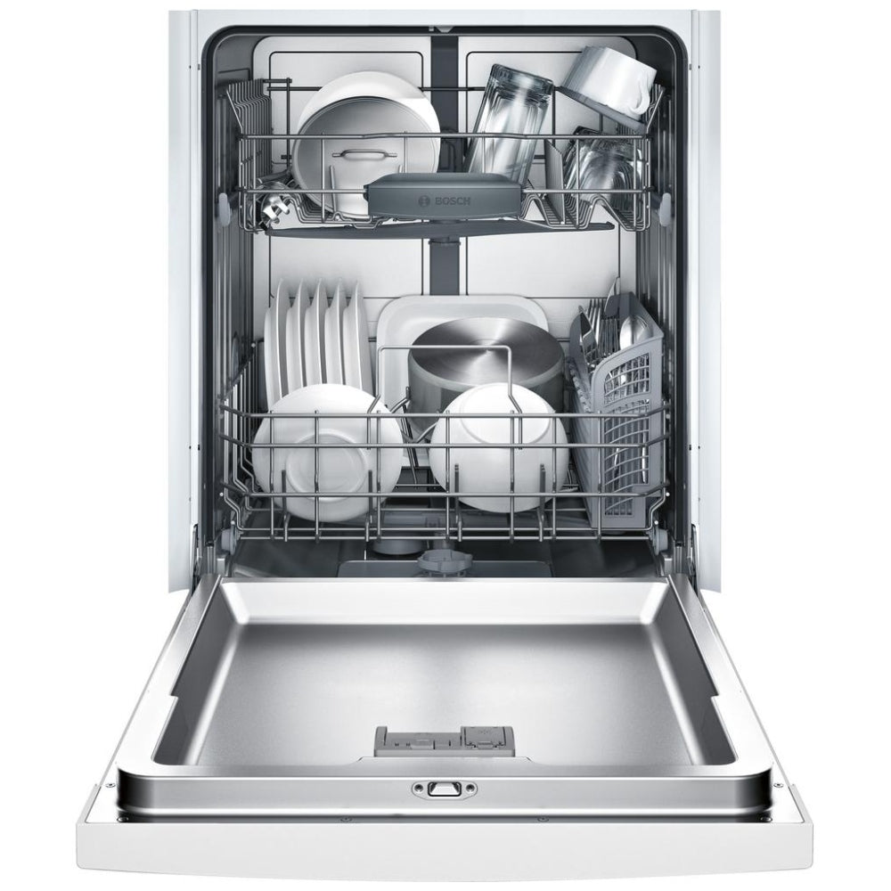 Bosch 100 Series SHE3AR72UC Dishwasher, 24 inch Exterior Width, 50 dB Decibel Level, Full Console, Plastic Interior, 6 Wash Cycles, 14 Capacity (Place Settings), 2 Loading Racks, White colour Category: Dishwashers