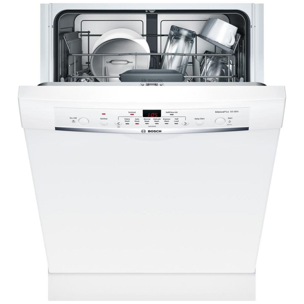 Bosch 100 Series SHE3AR72UC Dishwasher, 24 inch Exterior Width, 50 dB Decibel Level, Full Console, Plastic Interior, 6 Wash Cycles, 14 Capacity (Place Settings), 2 Loading Racks, White colour Category: Dishwashers