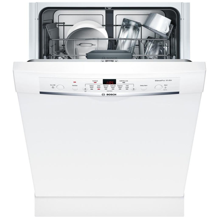 Bosch 100 Series SHE3AR72UC Dishwasher, 24 inch Exterior Width, 50 dB Decibel Level, Full Console, Plastic Interior, 6 Wash Cycles, 14 Capacity (Place Settings), 2 Loading Racks, White colour Category: Dishwashers