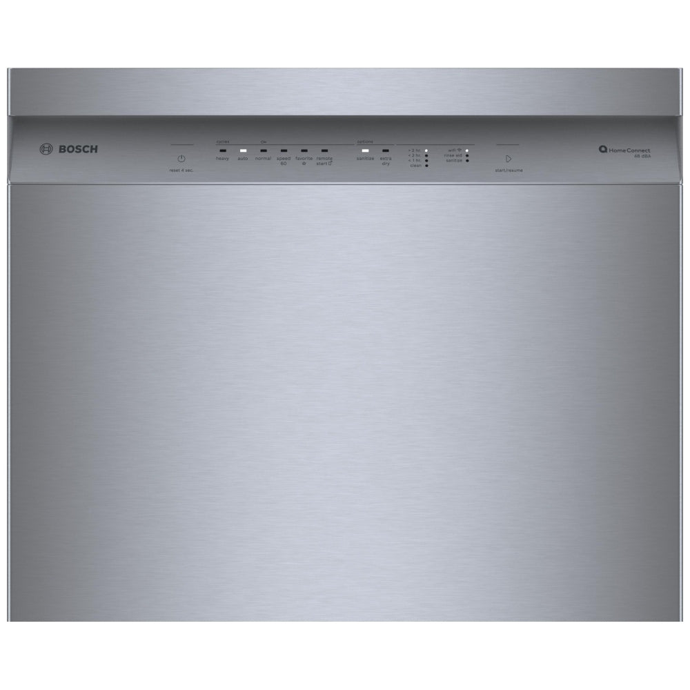 Bosch 100 Series SHE4AEH5N Dishwasher, 24 inch Exterior Width, 48 dB Decibel Level, Full Console, Stainless Interior, 8 Wash Cycles, 14 Capacity (Place Settings), 2 Loading Racks, Wifi Enabled, Stainless Steel colour