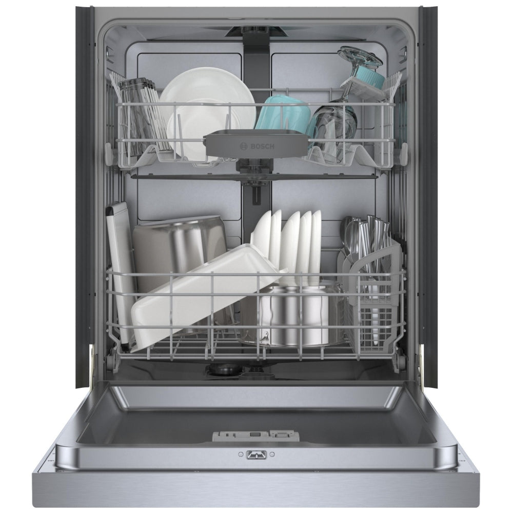 Bosch 100 Series SHE4AEM5N Dishwasher, 24 inch Exterior Width, 48 dB Decibel Level, Full Console, Stainless Interior, 8 Wash Cycles, 14 Capacity (Place Settings), 2 Loading Racks, Wifi Enabled, Stainless Steel colour