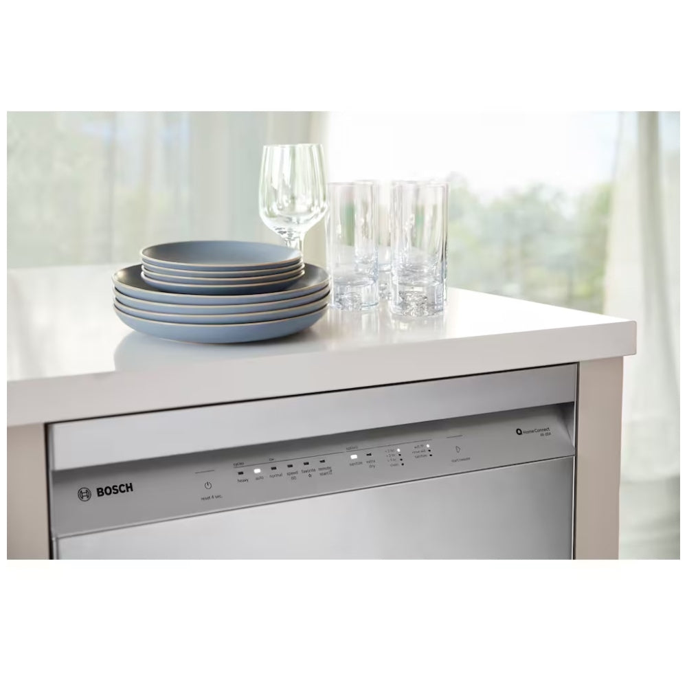 Bosch 100 Series SHE4AEM5N Dishwasher, 24 inch Exterior Width, 48 dB Decibel Level, Full Console, Stainless Interior, 8 Wash Cycles, 14 Capacity (Place Settings), 2 Loading Racks, Wifi Enabled, Stainless Steel colour