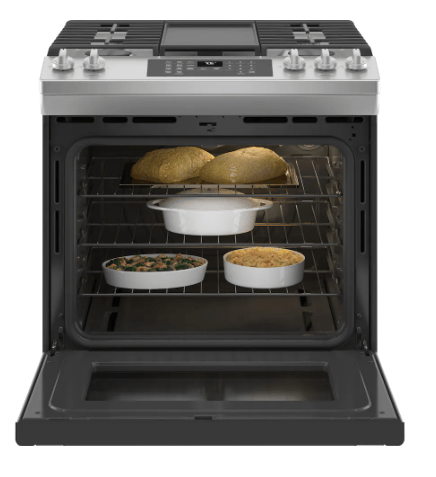GE JCGS760SPSS Range, 30" Exterior Width, Gas Range, Self Clean, Gas Burners, Convection, 5 Burners, 5.6 cu. ft. Capacity, Storage Drawer, Air Fry, 1 Ovens, Wifi Enabled, 18K BTU, Front Controls, Stainless Steel colour
