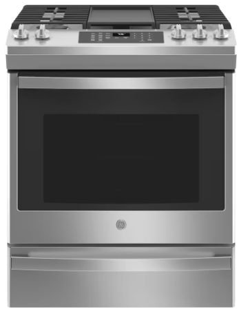 GE JCGS760SPSS Range, 30" Exterior Width, Gas Range, Self Clean, Gas Burners, Convection, 5 Burners, 5.6 cu. ft. Capacity, Storage Drawer, Air Fry, 1 Ovens, Wifi Enabled, 18K BTU, Front Controls, Stainless Steel colour