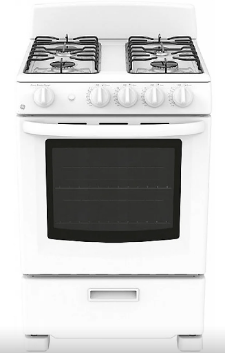 GE JCGAS300DMWW Range, 24" Exterior Width, Gas Range, Gas Burners, 4 Burners, 2.9 cu. ft. Capacity, Storage Drawer, 1 Ovens, 12K BTU, Front Controls, White colour