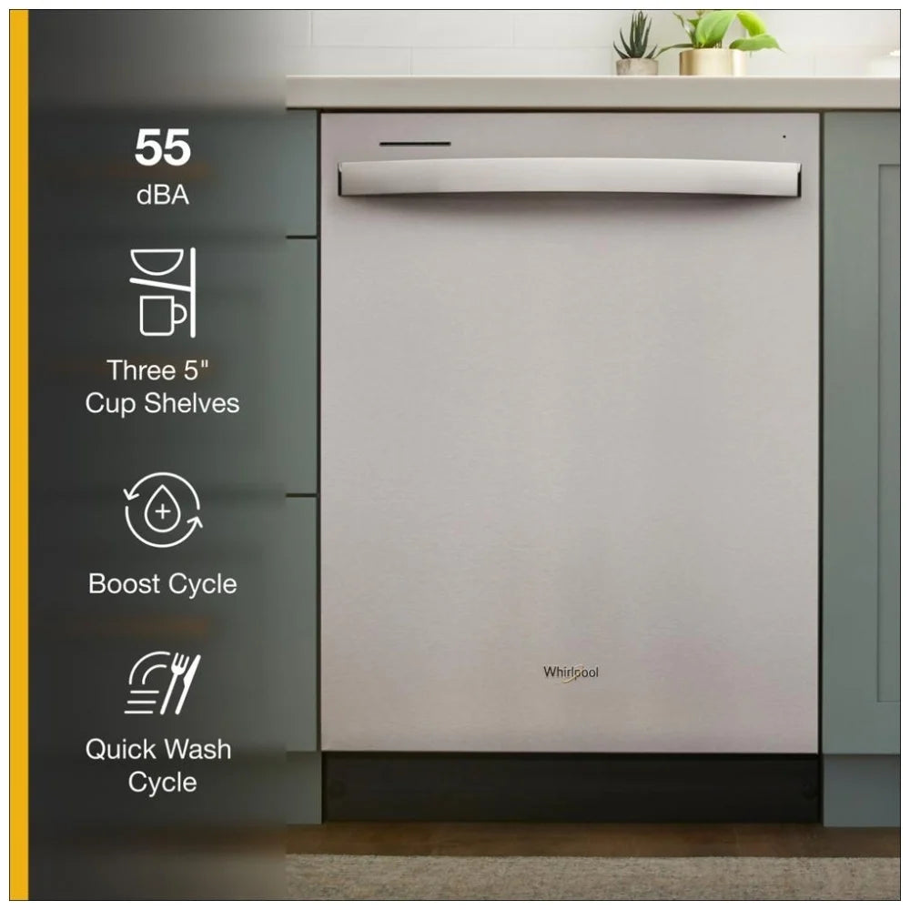 Whirlpool WDT540HAMZ Dishwasher, 24 inch Exterior Width, 55 dB Decibel Level, Fully Integrated, Plastic Interior, 5 Wash Cycles, 12 Capacity (Place Settings), 2 Loading Racks, Stainless Steel colour