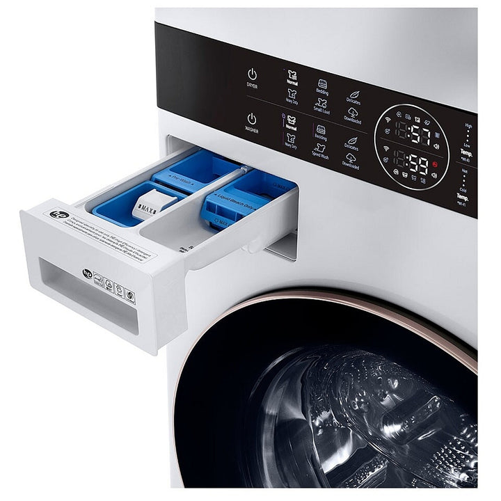 LG WKE100HWA 27 inch Width Washer & Dryer Set, WashTower, AI DD, White colour Washer: 6 Wash Cycles, 1300 RPM Spin Speed, Wifi Enabled, 5.2 cu. ft. Capacity Dryer: 7.4 cu. ft. Capacity, Electric