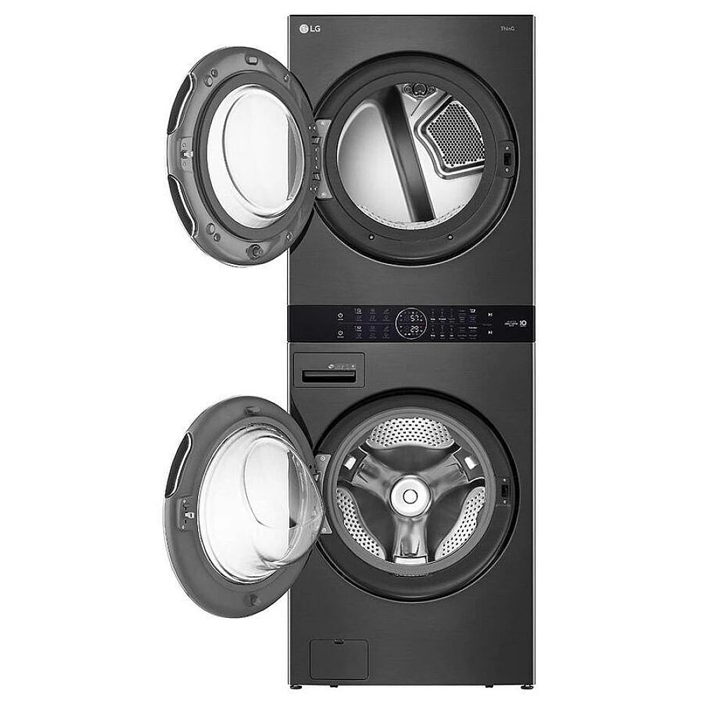 LG WKEX200HBA Washer & Dryer Set, 27" Width, 7.4 Cu. Ft. Capacity (Dryers), 27" Exterior Width, 6 Dry Cycles, 12.6 cu. ft. Capacity, Steam Clean, 6 Wash Cycles, 1300 RPM Washer Spin Speed, Black Stainless Steel colour AI DD,WashTower, TurboWash 360