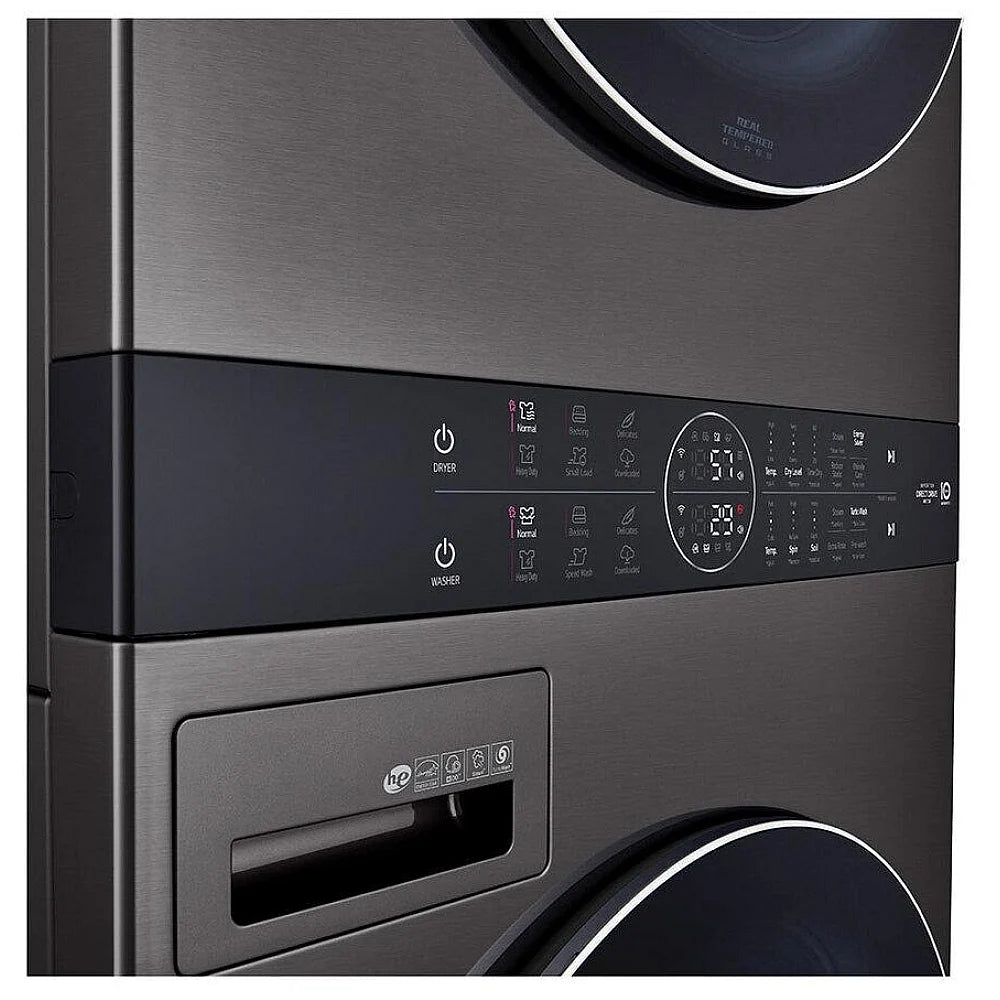 LG WKEX200HBA Washer & Dryer Set, 27" Width, 7.4 Cu. Ft. Capacity (Dryers), 27" Exterior Width, 6 Dry Cycles, 12.6 cu. ft. Capacity, Steam Clean, 6 Wash Cycles, 1300 RPM Washer Spin Speed, Black Stainless Steel colour AI DD,WashTower, TurboWash 360