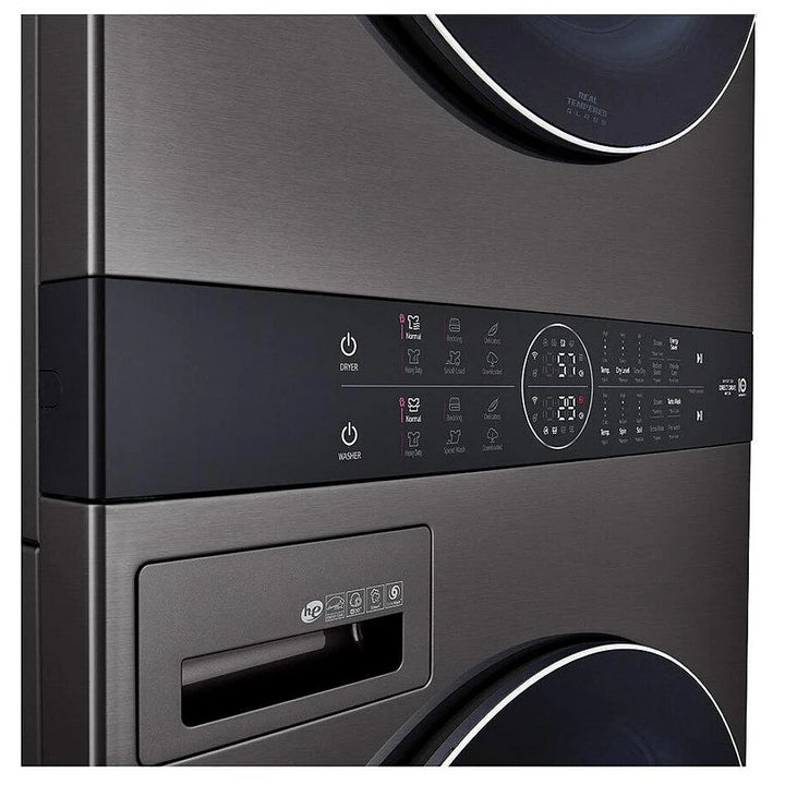 LG WKEX200HBA Washer & Dryer Set, 27" Width, 7.4 Cu. Ft. Capacity (Dryers), 27" Exterior Width, 6 Dry Cycles, 12.6 cu. ft. Capacity, Steam Clean, 6 Wash Cycles, 1300 RPM Washer Spin Speed, Black Stainless Steel colour AI DD,WashTower, TurboWash 360