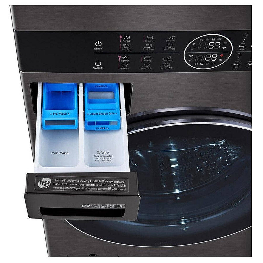LG WKEX200HBA Washer & Dryer Set, 27" Width, 7.4 Cu. Ft. Capacity (Dryers), 27" Exterior Width, 6 Dry Cycles, 12.6 cu. ft. Capacity, Steam Clean, 6 Wash Cycles, 1300 RPM Washer Spin Speed, Black Stainless Steel colour AI DD,WashTower, TurboWash 360