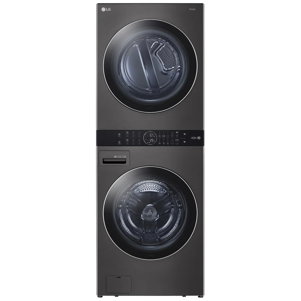 LG WKEX200HBA Washer & Dryer Set, 27" Width, 7.4 Cu. Ft. Capacity (Dryers), 27" Exterior Width, 6 Dry Cycles, 12.6 cu. ft. Capacity, Steam Clean, 6 Wash Cycles, 1300 RPM Washer Spin Speed, Black Stainless Steel colour AI DD,WashTower, TurboWash 360