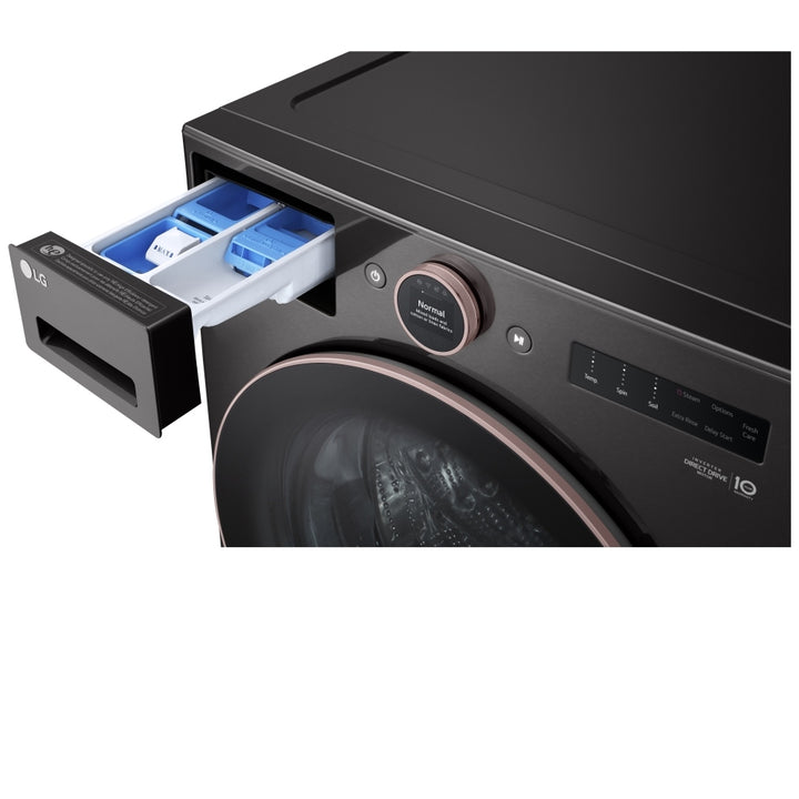 LG WM6500HBA Front Load Washer, 27 inch Width, ENERGY STAR Certified, 5.8 cu. ft. Capacity, Steam Clean, 25 Wash Cycles, 5 Temperature Settings, Stackable, 1300 RPM Washer Spin Speed, Wifi Enabled, Black Stainless Steel color Turbo Wash-360