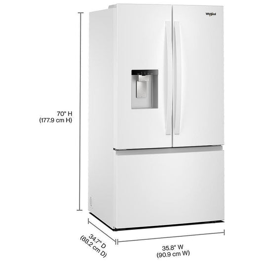 Whirlpool WRFF3536SW French Door Refrigerator, 36 inch Width, 30 cu. ft. Capacity, Water Dispenser (Exterior), Ice Dispenser (Thru Door), ENERGY STAR Certified, White color