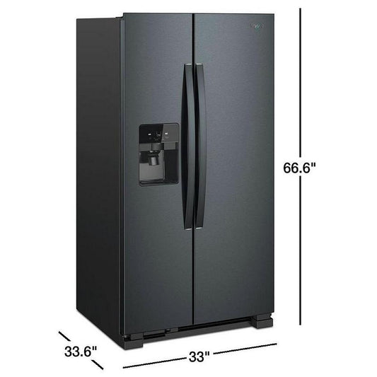 Whirlpool WRS321SDHV Side by Side Refrigerator, 33 inch Width, Ice Dispenser (Thru Door), Water Dispenser (Exterior), 21.4 cu. ft. Capacity, Black Stainless Steel color. REFURBISHED 1 YEAR WARRANTY