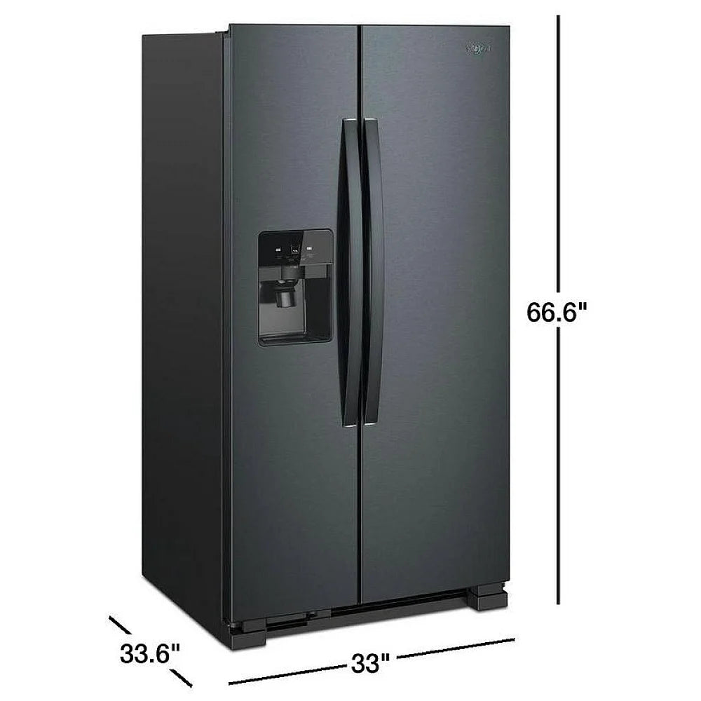 Whirlpool WRS321SDHV Side by Side Refrigerator, 33 inch Width, Ice Dispenser (Thru Door), Water Dispenser (Exterior), 21.4 cu. ft. Capacity, Black Stainless Steel colour