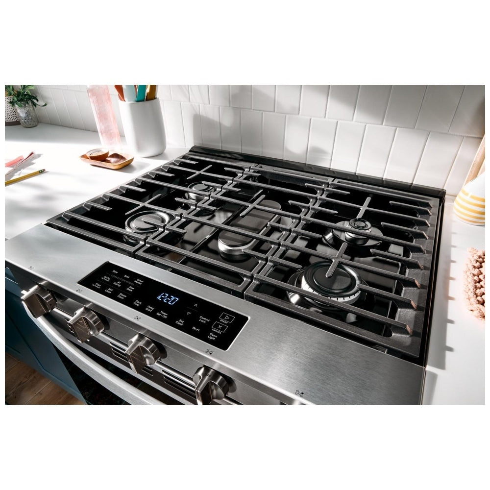 Whirlpool WSGS5030SV Gas Range, 5 cu. ft. Capacity, 30 inch Exterior Width, Steam & Self Clean, Convection, 5 Burners, Storage Drawer, Air Fry, 18,000 BTU Highest Burner, Black Stainless colour, SpeedHeat™ Burner