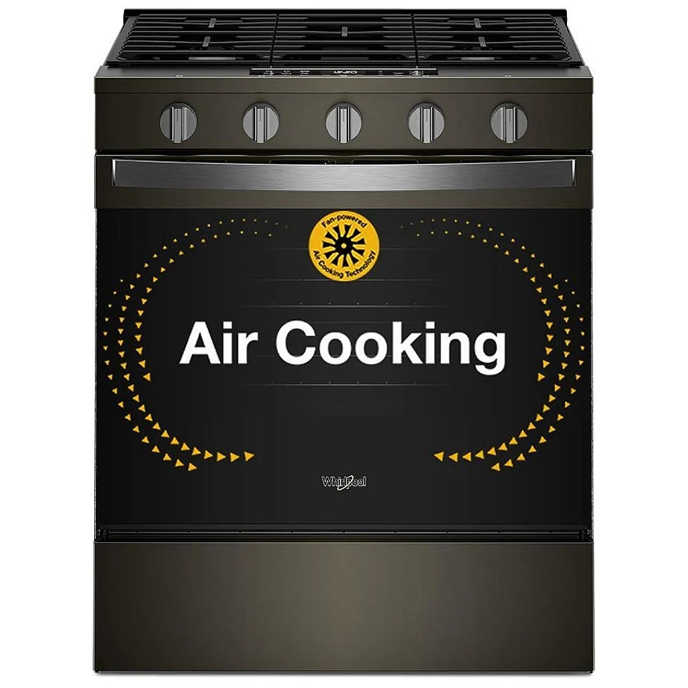 Whirlpool WSGS5030SV Gas Range, 5 cu. ft. Capacity, 30 inch Exterior Width, Steam & Self Clean, Convection, 5 Burners, Storage Drawer, Air Fry, 18,000 BTU Highest Burner, Black Stainless colour, SpeedHeat™ Burner