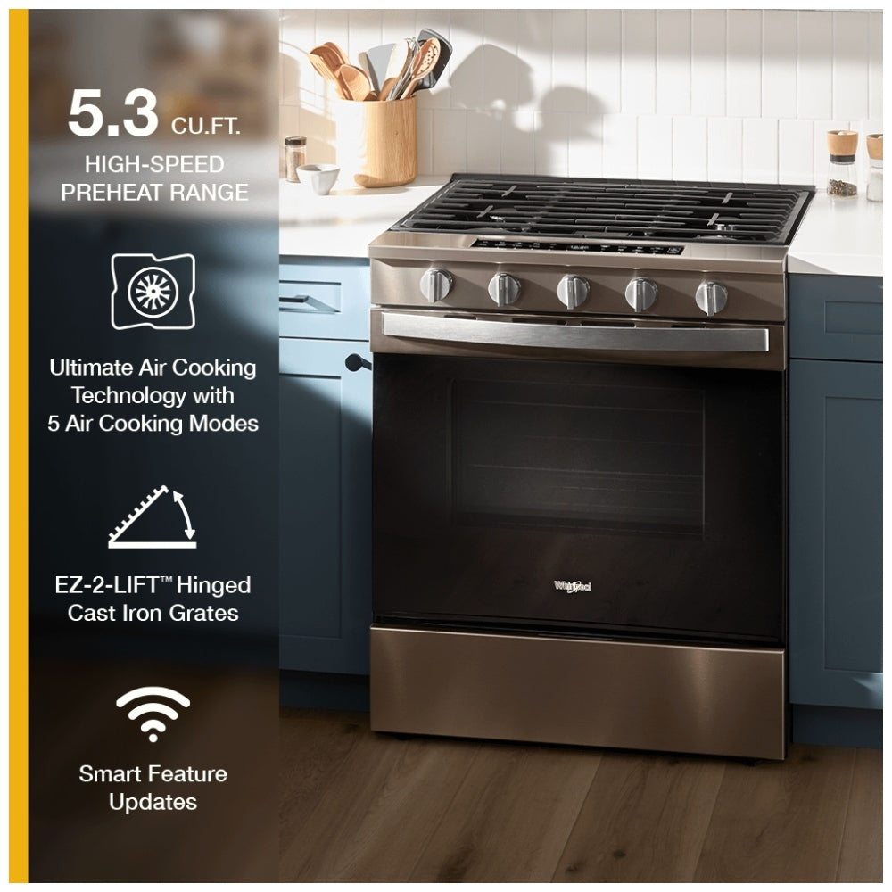 Whirlpool WSGS7530RV Gas Range, 5.3 cu. ft. Capacity, 30 inch Exterior Width, Self Clean, True Convection, 5 Burners, Storage Drawer, Air Fry, 18,000 BTU Highest Burner, Black Stainless Steel color